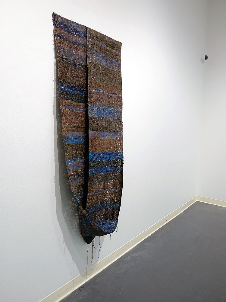 'Loop', magnetic audiotape & dyed cotton, 96 x 42 x 12, 2014